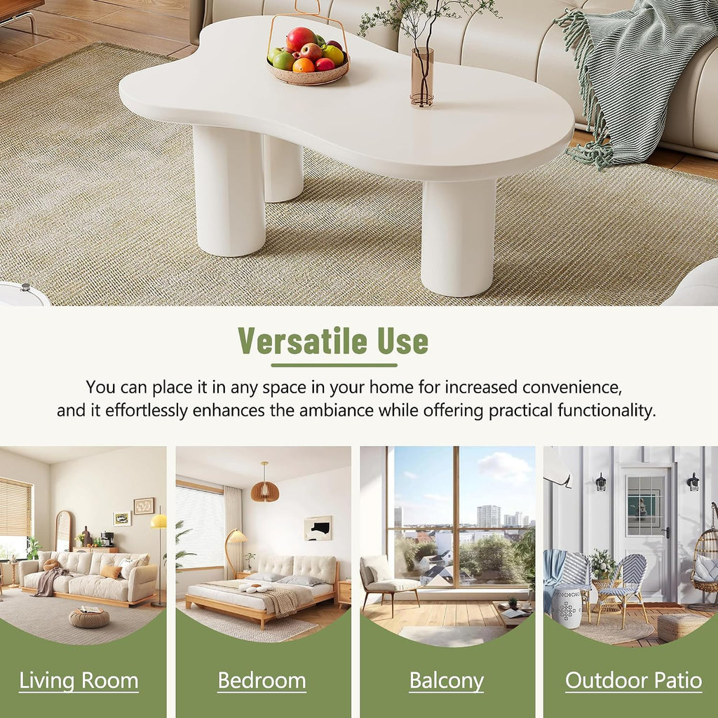 Merax 44' W Irregular Cloud Style White Coffee Table with 1.5' Thickness Tabletop, Wooden End Table Center Table with Round Edge and 3 Sturdy Legs for Living Room or Bedroom