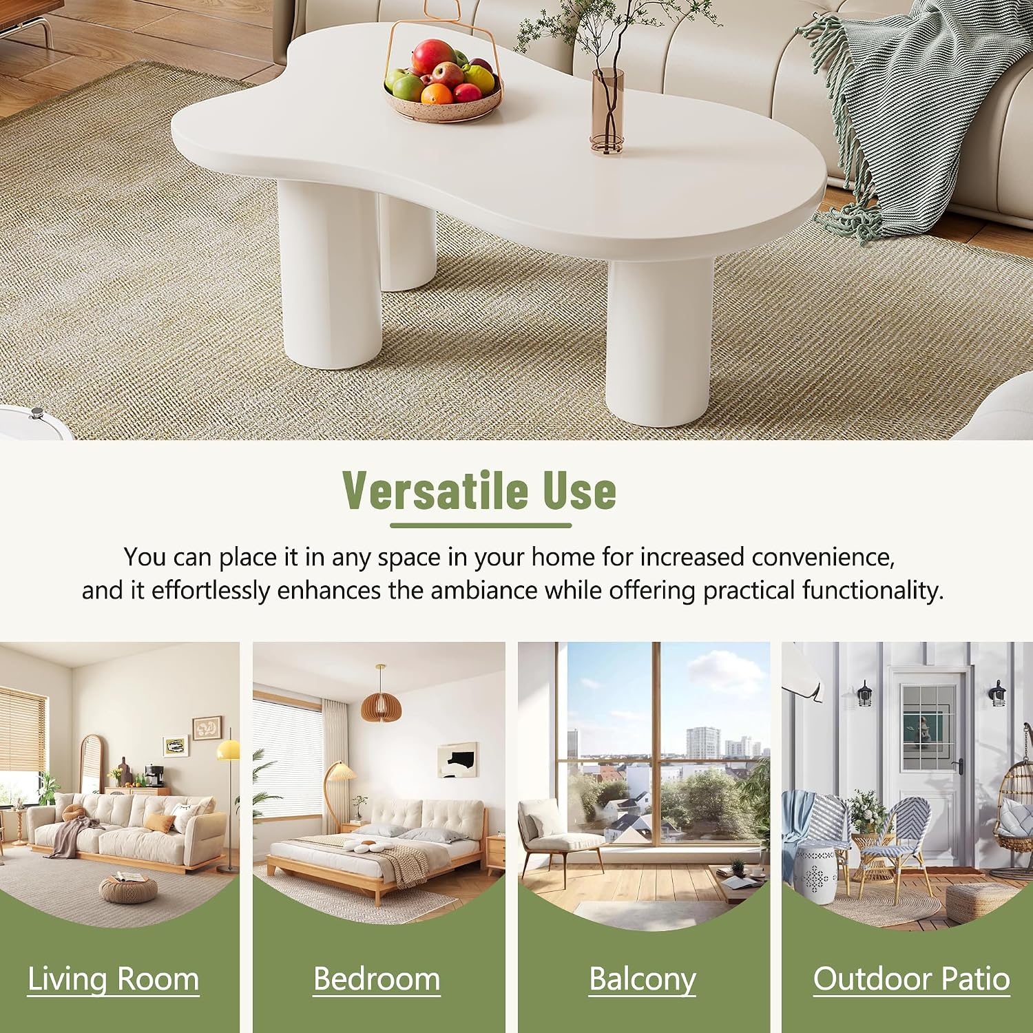 Merax 44' W Irregular Cloud Style White Coffee Table with 1.5' Thickness Tabletop, Wooden End Table Center Table with Round Edge and 3 Sturdy Legs for Living Room or Bedroom
