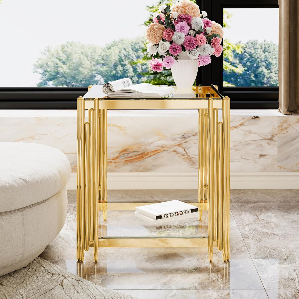 19.9'' Tempered Glass Side Tabel Square End for Living Room, 2-Tier Modern Accent Square Design, Transparent Mirror Tabletop & Metal Drum Base, Easy Assembly, Transparent & Gold