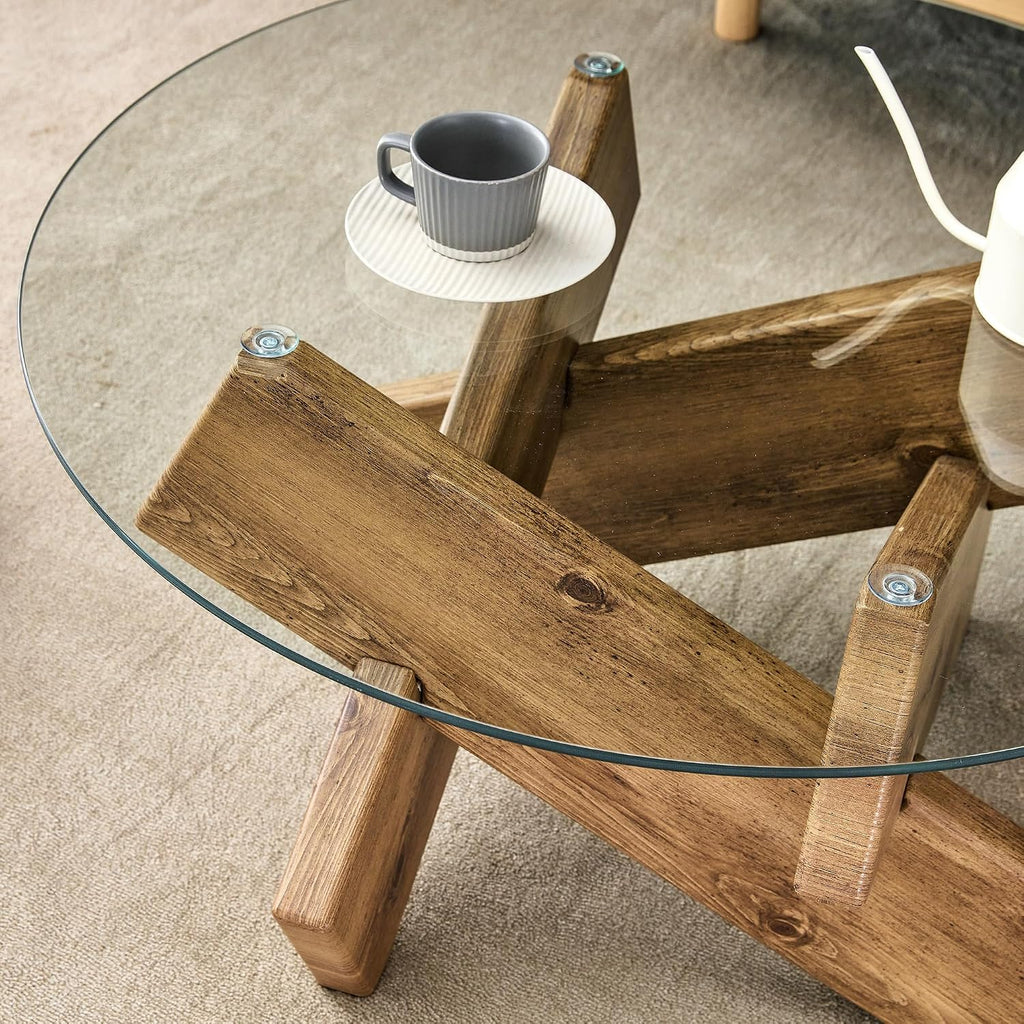 33.4'' Tempered Glass Round Coffee Table for Living Room, Modern Circle Coffee Table, Glass Tabletop & Wood Base, Easy Assembly, Natural