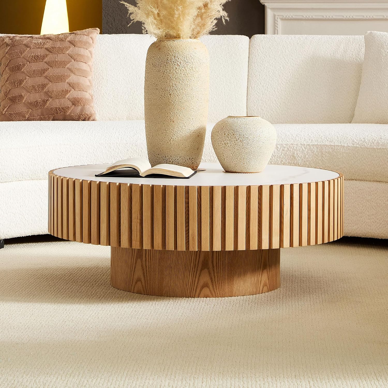 WILLIAMSPACE 35.43' Round Coffee Table with Sintered Stone Tabletop, Modern Farmhouse Wood Circle Drum Center Table for Living Room, Accent Side End Table for Apartment, 13.77' H (Oak+White)