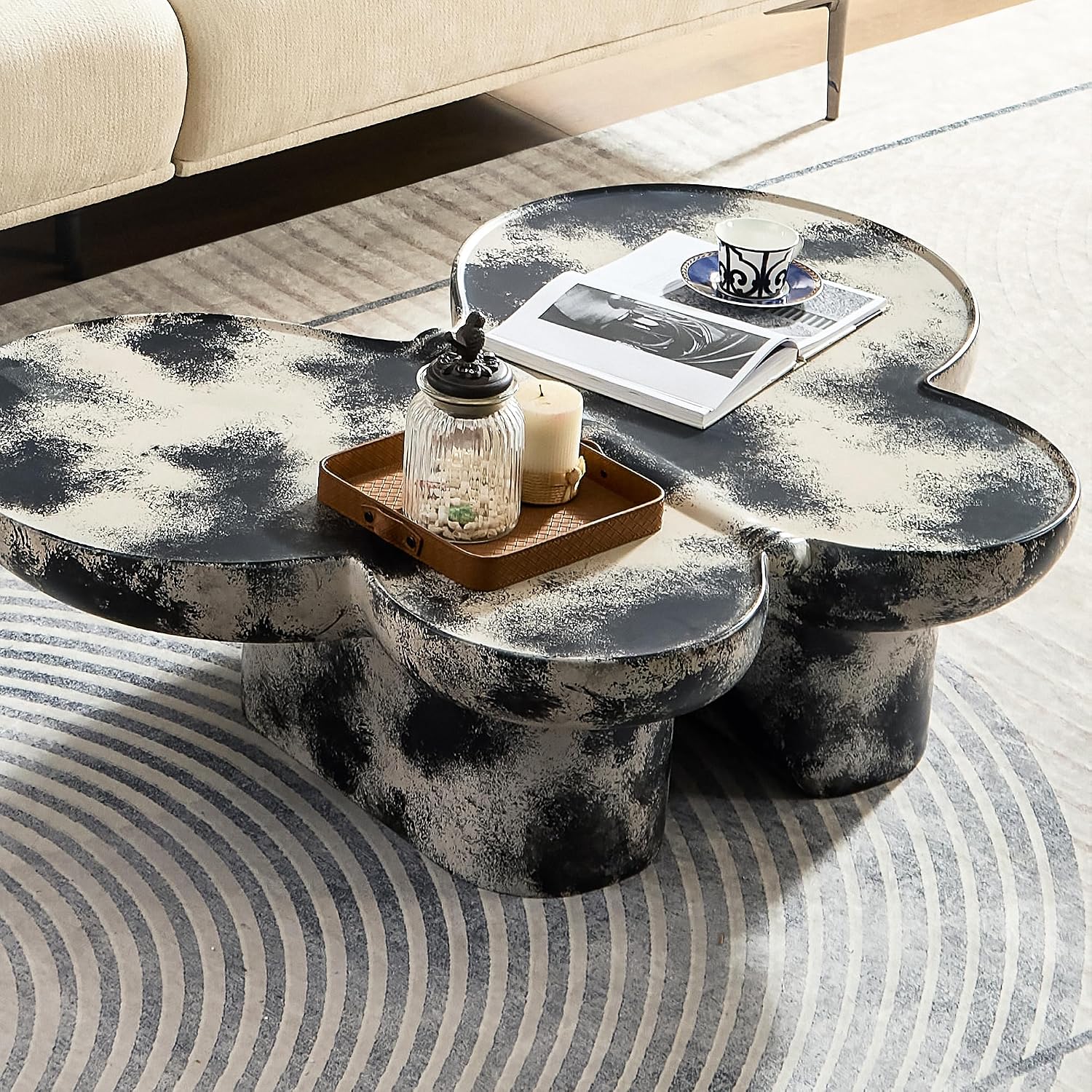 Large 47-inch Modern Glass Top Coffee Table, Mid-Century Light Gray & Black Accent Table for Spacious Living Room, Lounge or Office (L.Gray + Black)