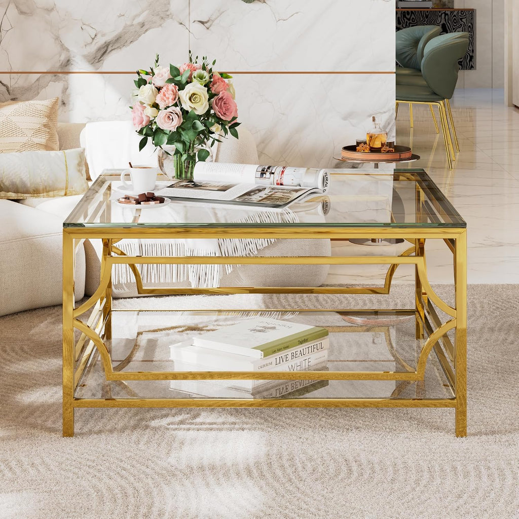 33.5' Square Glass Coffee Table with Storage, Modern 2-Tier Tempered Glass Accent Coffee Table with Metal Frame for Living Room, Minimalist Gold Cocktail Center Table for Office, Apartment