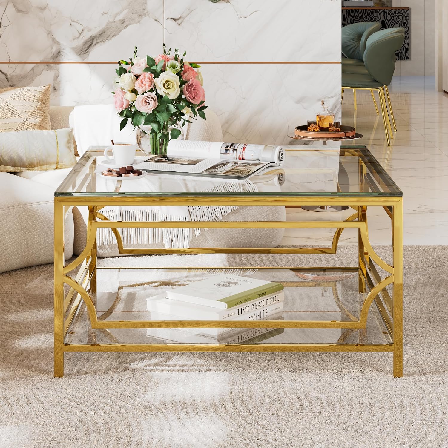 33.5' Square Glass Coffee Table with Storage, Modern 2-Tier Tempered Glass Accent Coffee Table with Metal Frame for Living Room, Minimalist Gold Cocktail Center Table for Office, Apartment