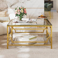 33.5'' Tempered Glass Square Coffee Table for Living Room, 2-Tier Modern Coffee Table, Mirror Tabletop & Metal Base, Easy Assembly, Transparent & Gold