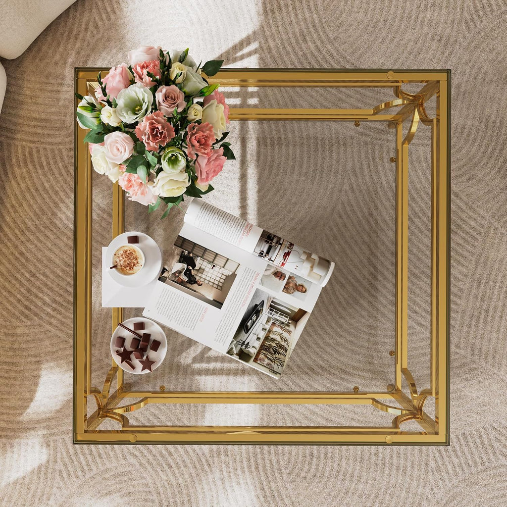 33.5' Square Glass Coffee Table with Storage, Modern 2-Tier Tempered Glass Accent Coffee Table with Metal Frame for Living Room, Minimalist Gold Cocktail Center Table for Office, Apartment