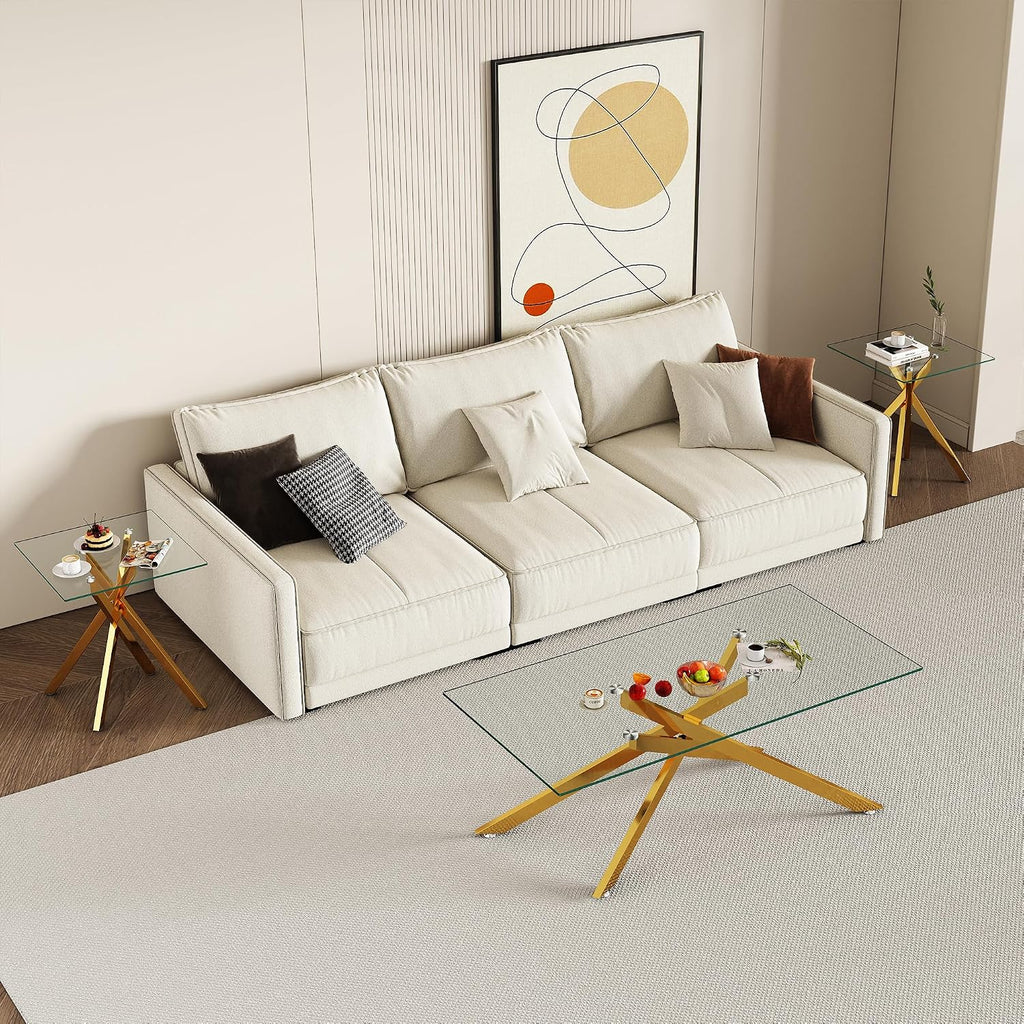 IANIYA Living Room Set - Glass Coffee Table and 2 End Tables with Modern Design Set of 3 (Large Coffee Table + End Table x2, Gold)