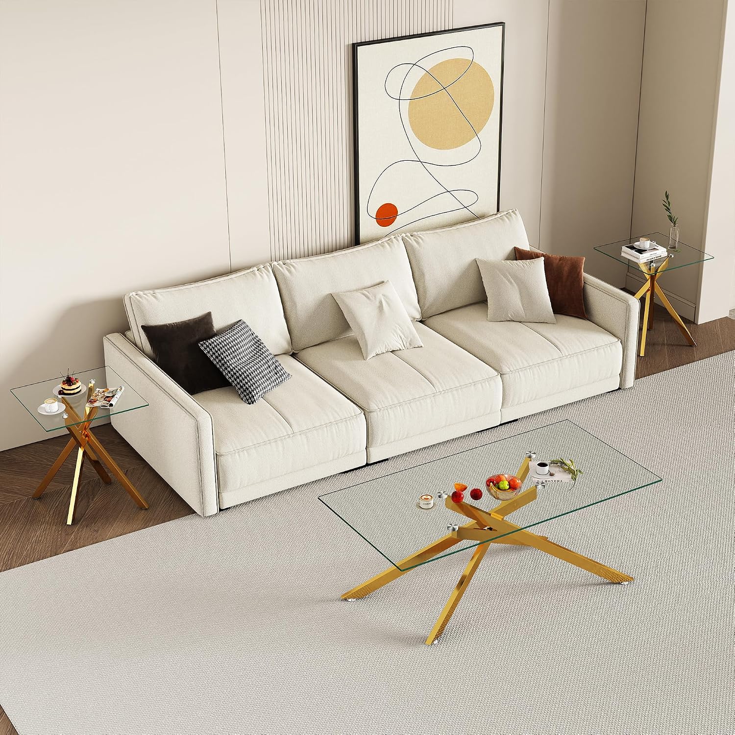 IANIYA Living Room Set - Glass Coffee Table and 2 End Tables with Modern Design Set of 3 (Large Coffee Table + End Table x2, Gold)