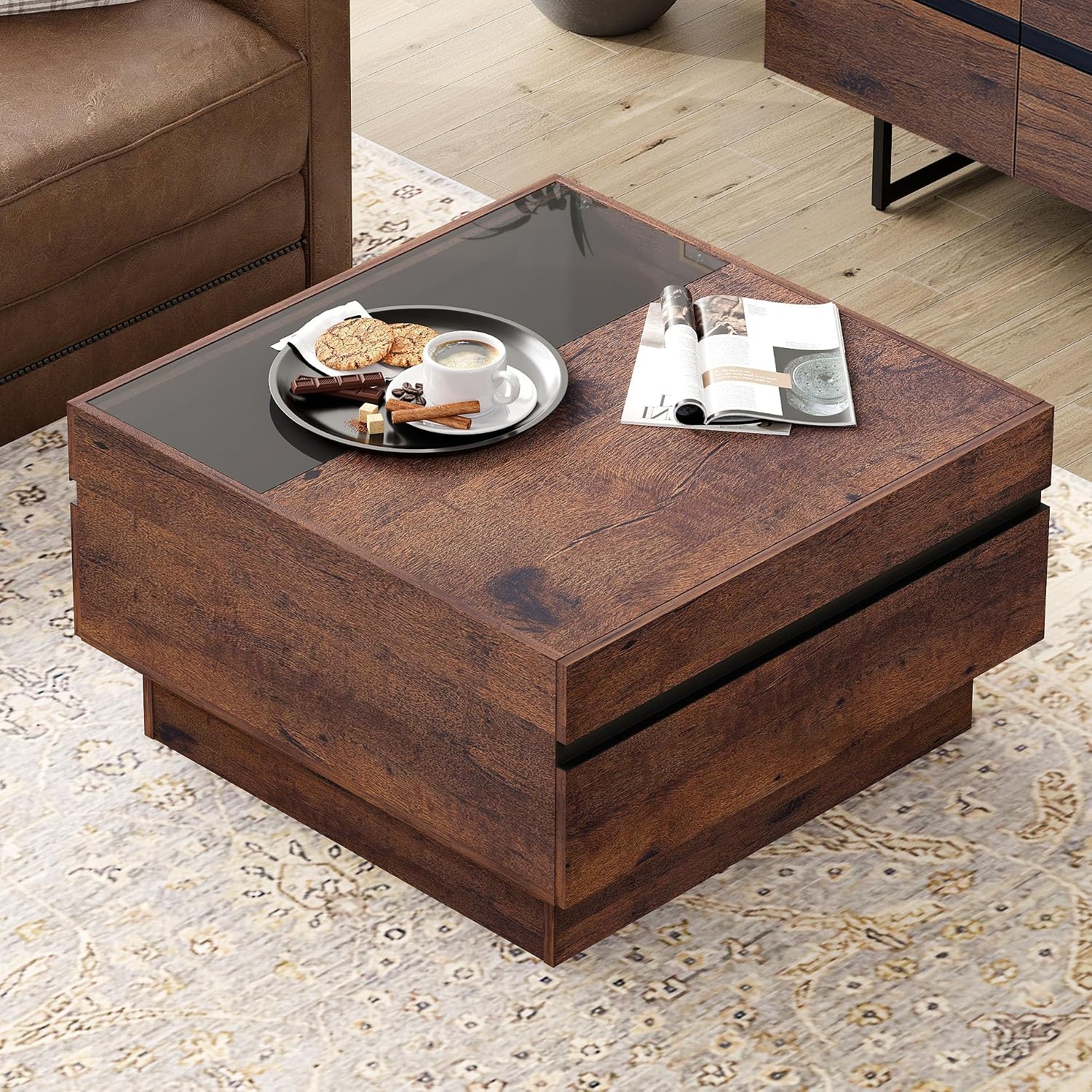 WAMPAT 3 Pieces Living Room Table Set, Modern Coffee Table with Tempered Glass Top, Modern End Table with 1 Drawer & 1 Storage Cabinet for Living Room