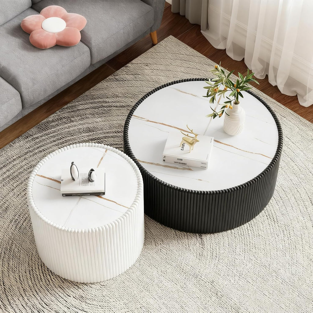 Modern Round Coffee Table Set of 2 Luxury Sintered Stone Top Coffee End Table in Black/White Leatherette Drum-Shape Small Coffee Side End Tables for Living Room,Fully Assembled