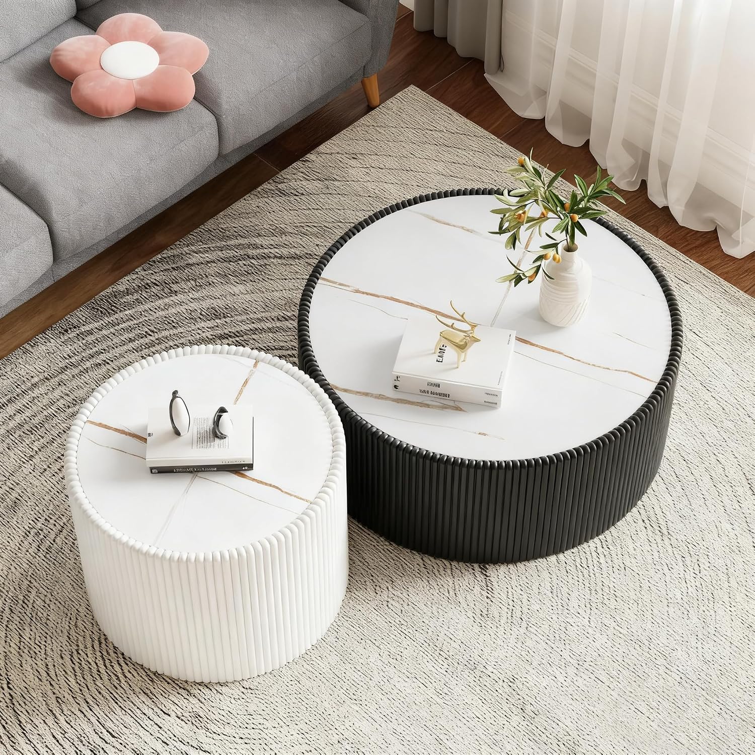 Modern Round Coffee Table Set of 2 Luxury Sintered Stone Top Coffee End Table in Black/White Leatherette Drum-Shape Small Coffee Side End Tables for Living Room,Fully Assembled