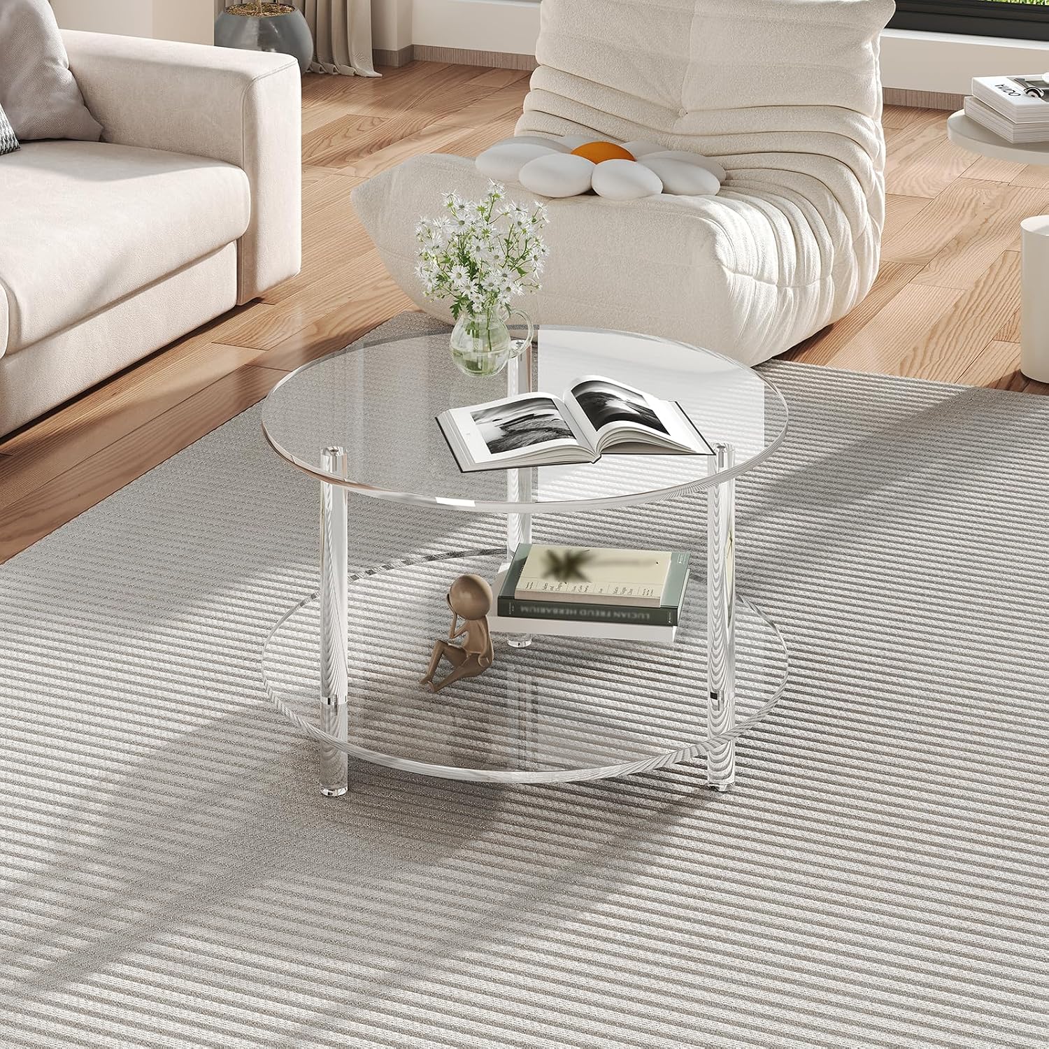 Acrylic Round Coffee Table, 23.6' Wide Modern Tea Table with Storage Shelf, 2-Tier Circle Center Table for Living Room, Office Reception and Apartment (Clear)