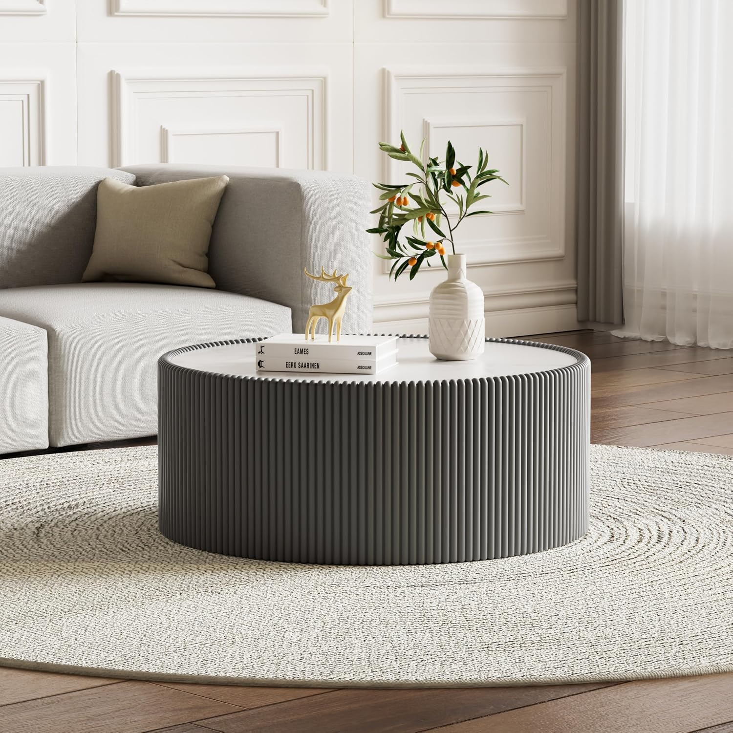 Modern Round Coffee Table Luxury Sintered Stone Top Coffee Table in Grey Leatherette Creative Drum-Shape Cocktail Center Table for Living Room Bedroom,Fully Assembled