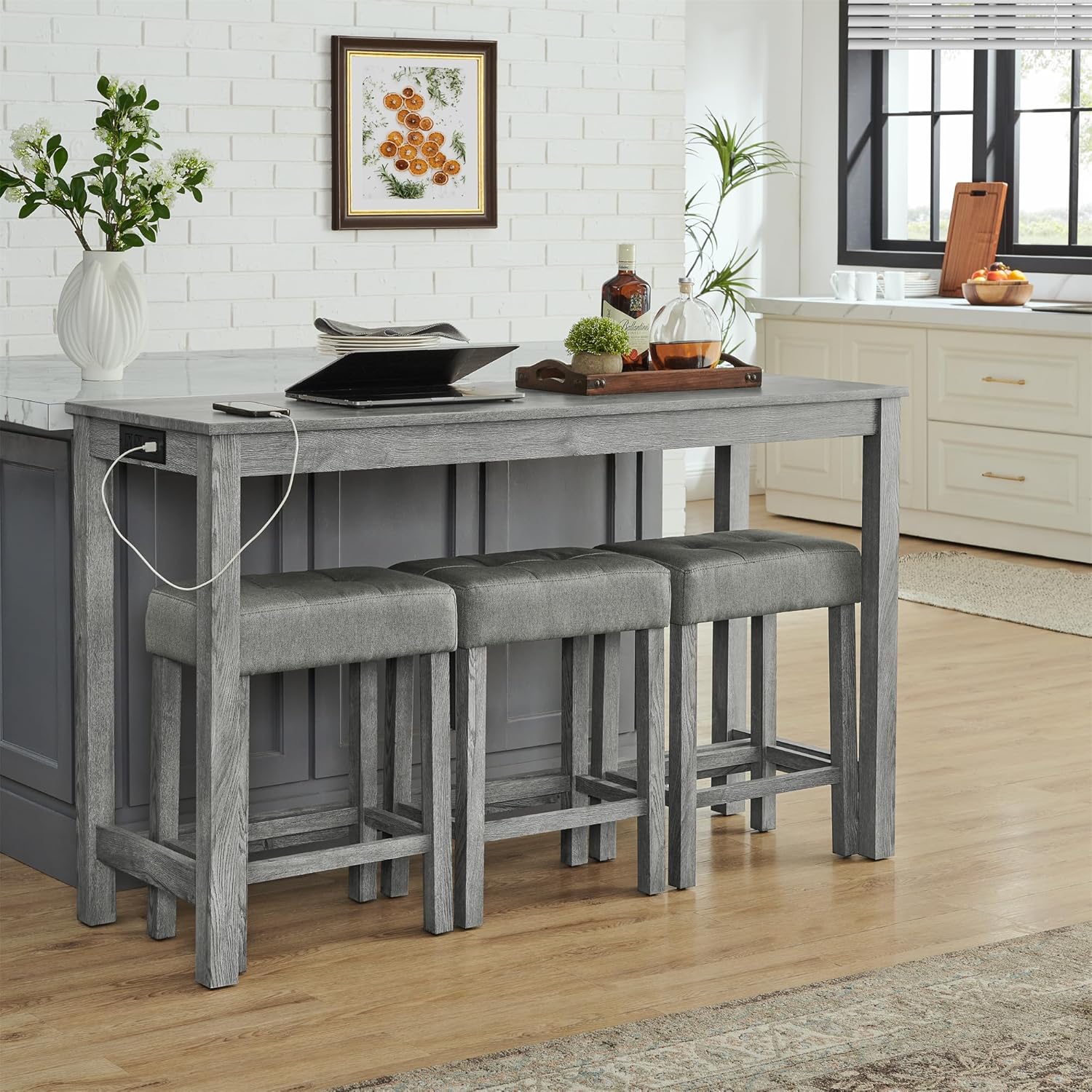 Merax 59' Bar Table Set with Power Outlet,Industrial Breakfast Table with 3 Upholstered Stools w/Footrest,4 Piece Counter Height Bar Table and Chair Set for Living Room,Dining Room,Kitchen,Grey