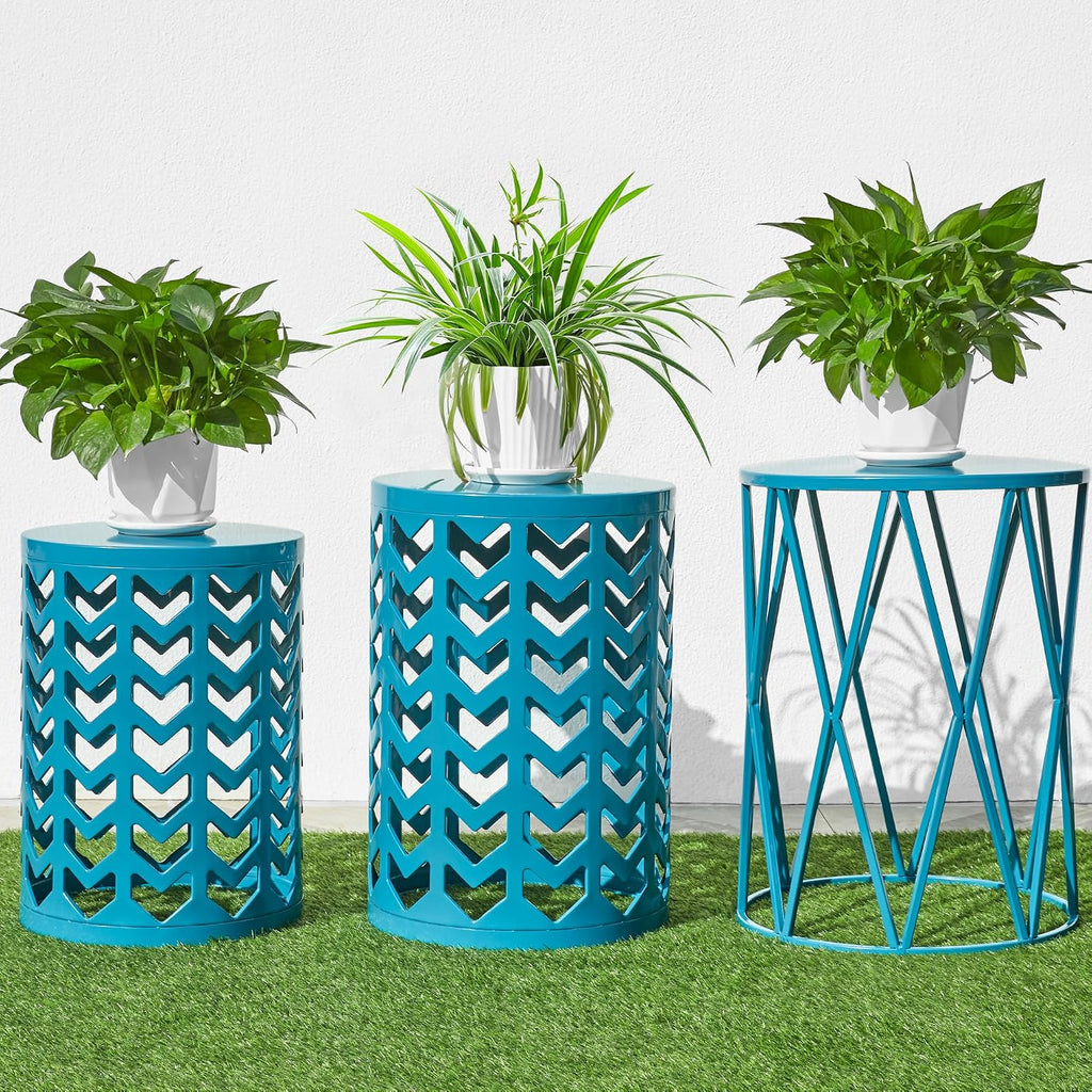 Nesting Side Table Set of 3 Decorative Round Garden Stools for Indoor Outdoor Heavy Duty Metal Frame Side Table Nightstands Modern End Table Plant Stand, Blue