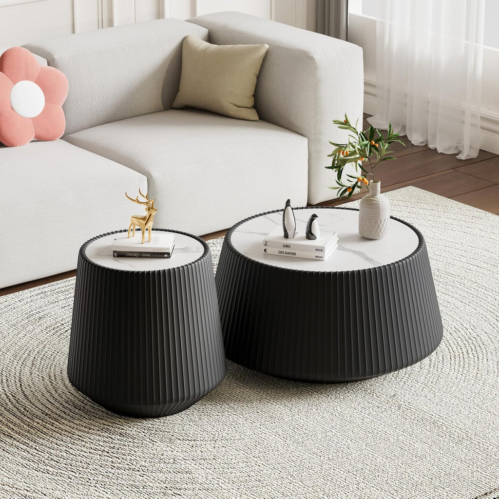 26.77' Marble Coffee Table, Modern Cup Shaped Coffee Table with Sintered Stone Top and PU Leather Covered, Black Fluted Cocktail Center Tea Coffee Tables for Living Room,No Need Assembly