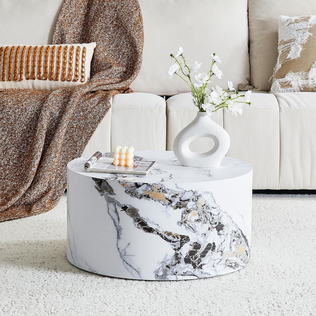 23.6' White Marble Small Coffee Table for Living Room Round Faux Marble Center Table Modern Drum-Shape Wooden Cocktail Table for Home Office - Fully Assembled