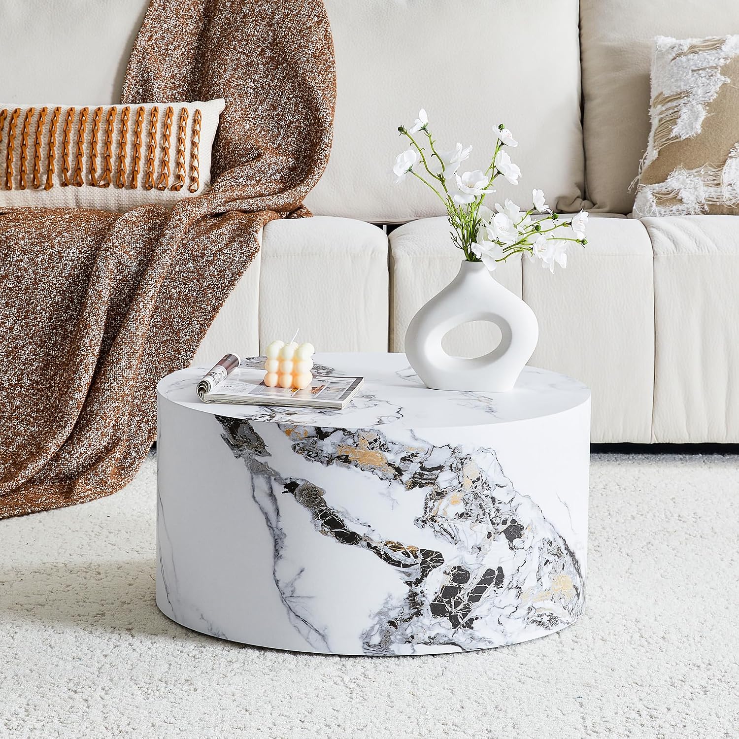 23.6' White Marble Small Coffee Table for Living Room Round Faux Marble Center Table Modern Drum-Shape Wooden Cocktail Table for Home Office - Fully Assembled