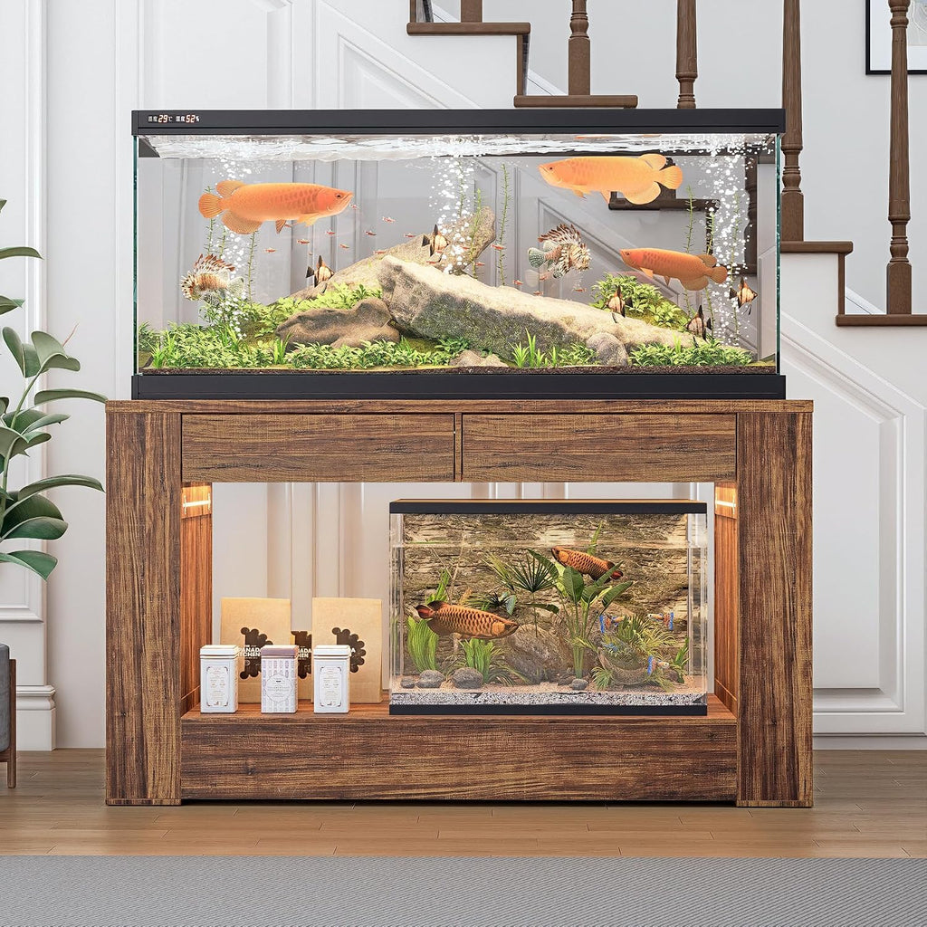 55–75/90 Gallon Aquarium Stand,Heavy-Duty 48' Turtle Reptile Fish Tank Stand With Storage Drawers, Reinforced Metal Frame, LED Lighting, Power Outlets (Rustic Brown)