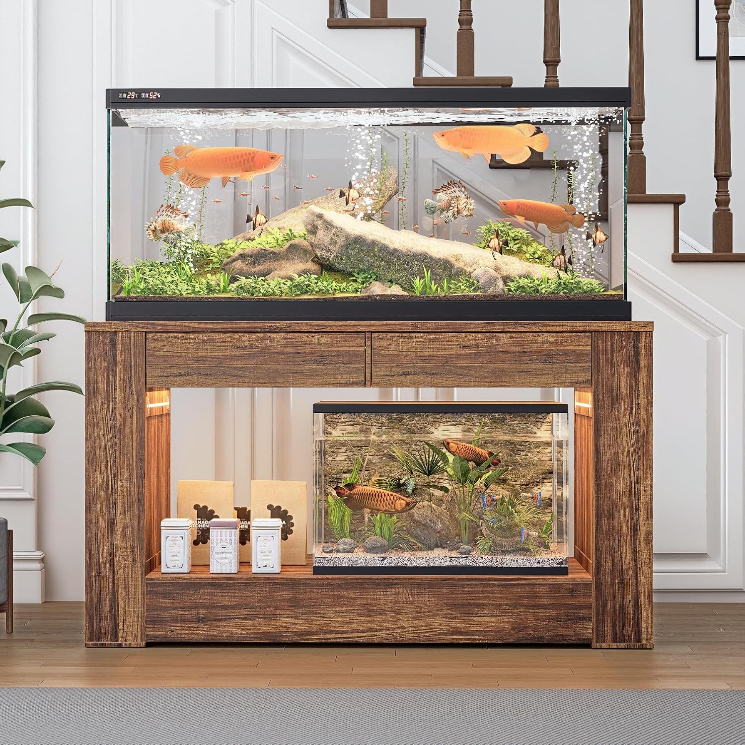 55–75/90 Gallon Aquarium Stand,Heavy-Duty 48' Turtle Reptile Fish Tank Stand With Storage Drawers, Reinforced Metal Frame, LED Lighting, Power Outlets (Rustic Brown)