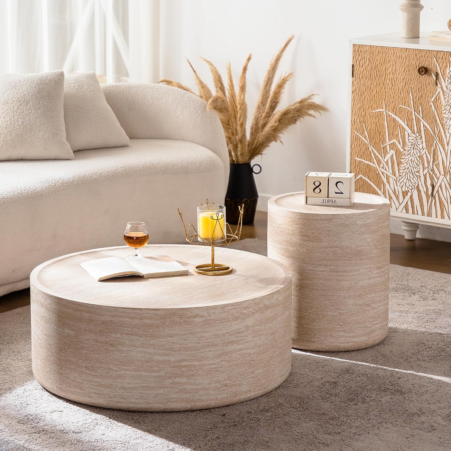 Modern Drum Coffee Table Faux Travertine Finish Wood Coffee Tables Round Center Table for Living Room Home Office,31.5'- Fully Assembled