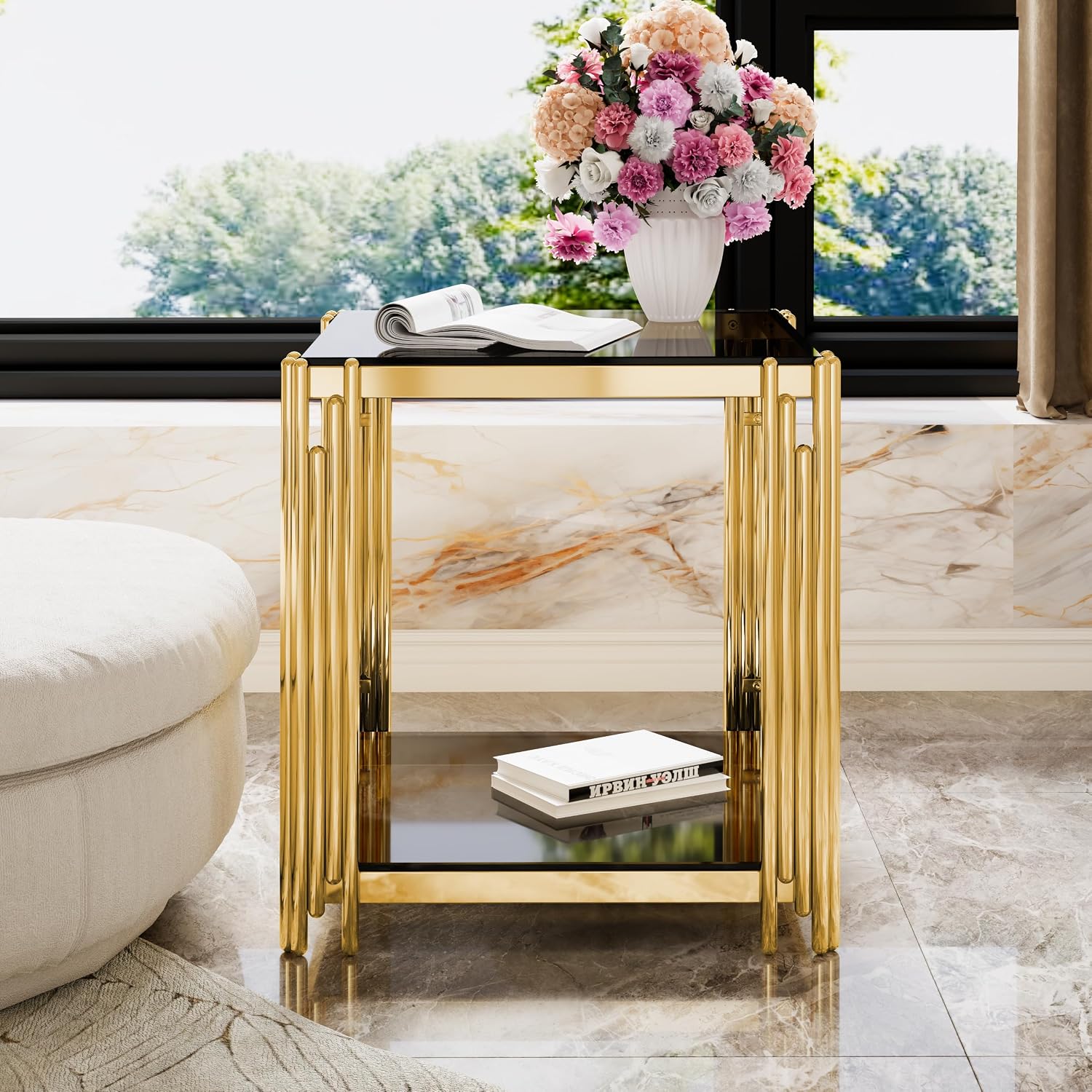 19.9'' Tempered Glass Side Tabel Square End for Living Room, 2-Tier Modern Accent Square Design, Transparent Mirror Tabletop & Metal Drum Base, Easy Assembly, Black & Gold