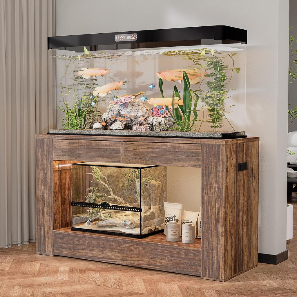 55–75/90 Gallon Aquarium Stand,Heavy-Duty 48' Turtle Reptile Fish Tank Stand With Storage Drawers, Reinforced Metal Frame, LED Lighting, Power Outlets (Rustic Brown)