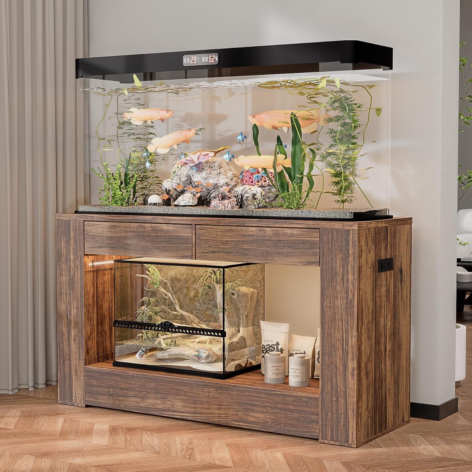 55–75/90 Gallon Aquarium Stand,Heavy-Duty 48' Turtle Reptile Fish Tank Stand With Storage Drawers, Reinforced Metal Frame, LED Lighting, Power Outlets (Rustic Brown)