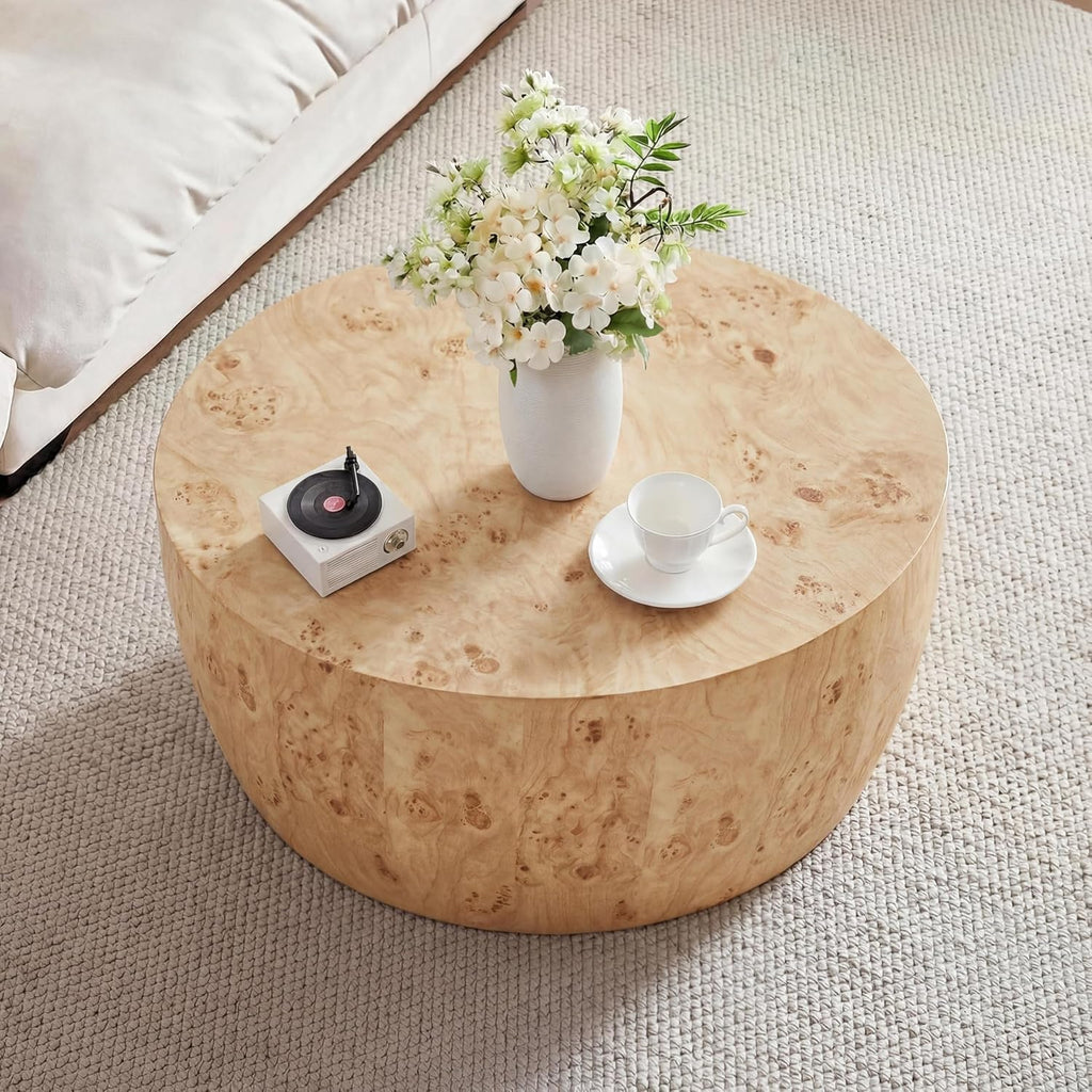 YYQ Upgraded 34.6' Round Coffee Table for Living Room, Burl Faux Marble Pattern Coffee Table, Reversible Drum Coffee Table, Tea Table Wooden Table for Home Office, No Assembly Required
