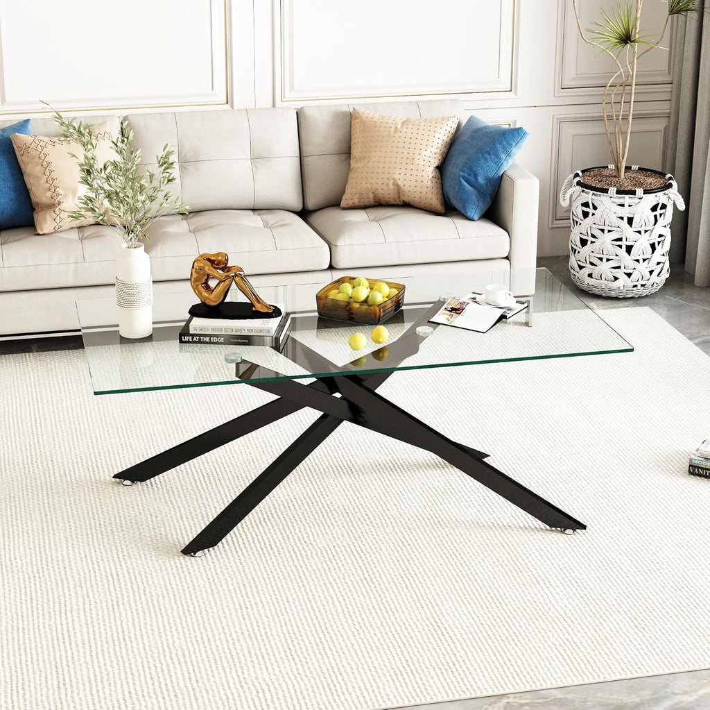 Glass Coffee Table Set of 3 Piece, Living Room Tables Set of 3 Pcs, Including 1 Coffee Table and 2 End Side Tables, Metal Frame, Tempered Glass, for Small Space, Apartment (Black, W39.37' + W17.72')