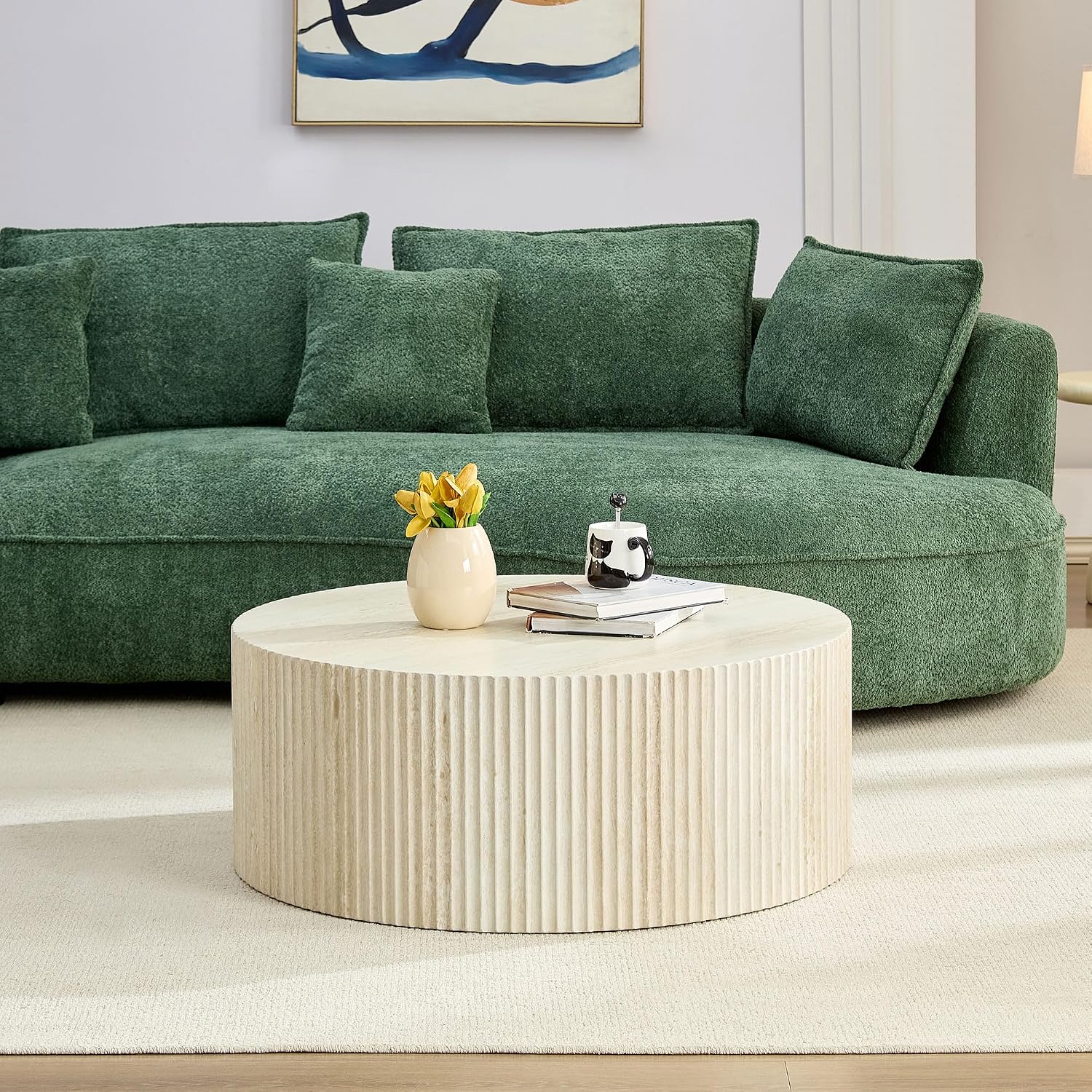 Faux Travertine Round Coffee Table, 35' Modern Relief Design Coffee Table Center Table for Living Room, Travertine, No Assembly Needed