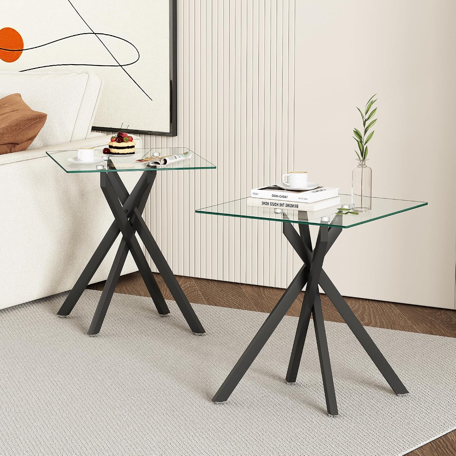 Glass 3 Piece Living Room Table Set,Glass Coffee Table and End Table Sets,Accent Table Sofa Table Sets with X-Designed Metal Legs and Tempered Glass Tabletop for Living Room Furniture (3, Black)