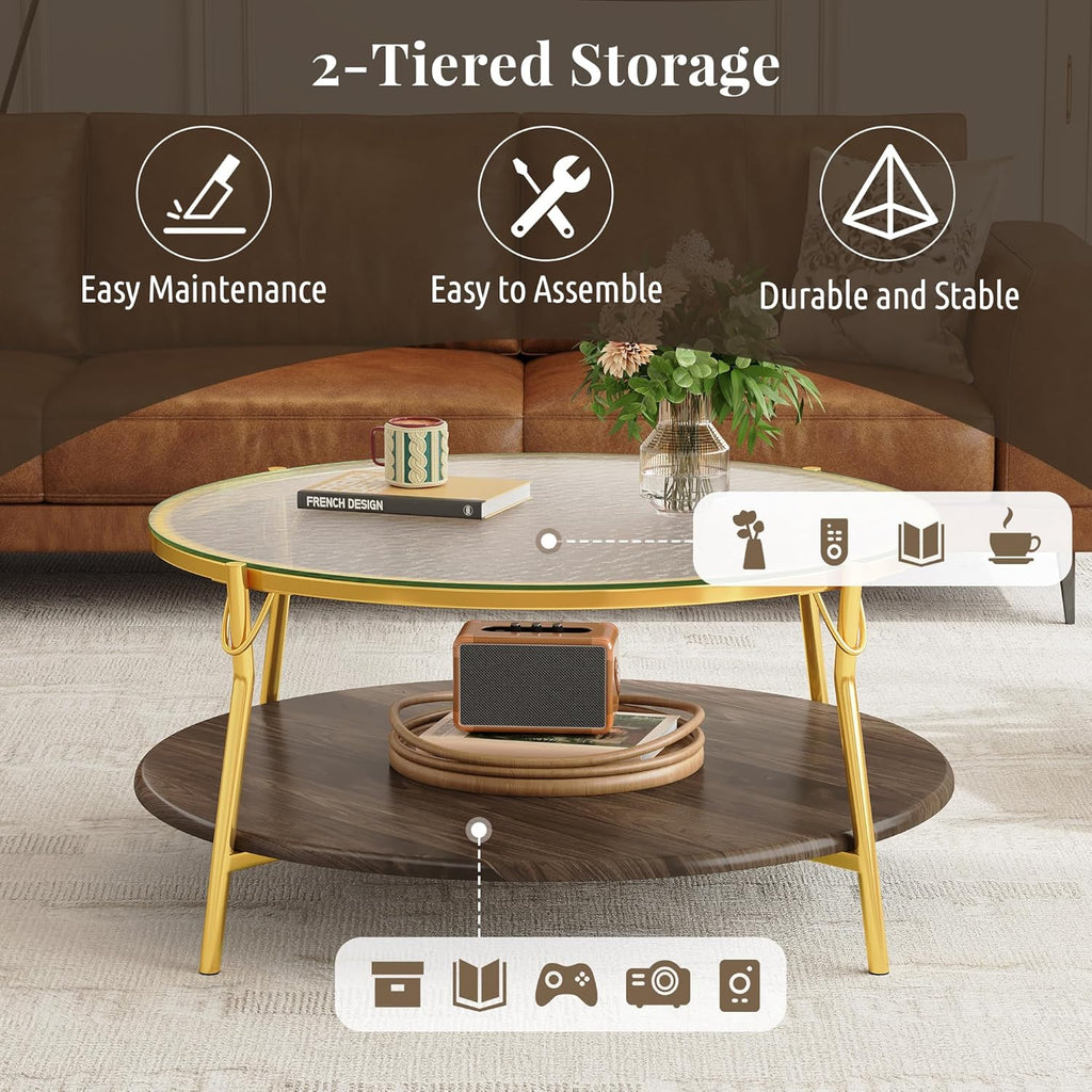 32.7'' Tempered Glass Round Coffee Table for Living Room, 2-Tier Modern Circle Coffee Table, Glass Tabletop & Metal Base, Easy Assembly, Gold & Walnut