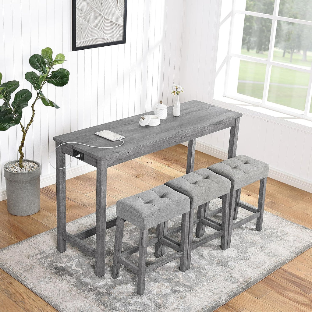 Merax 4 Piece Bar Table Set with Power Outlet,Industrial Breakfast Dining Table and Chairs Set with 3 Padded Stools,for Living Room,Game Room(Gray)