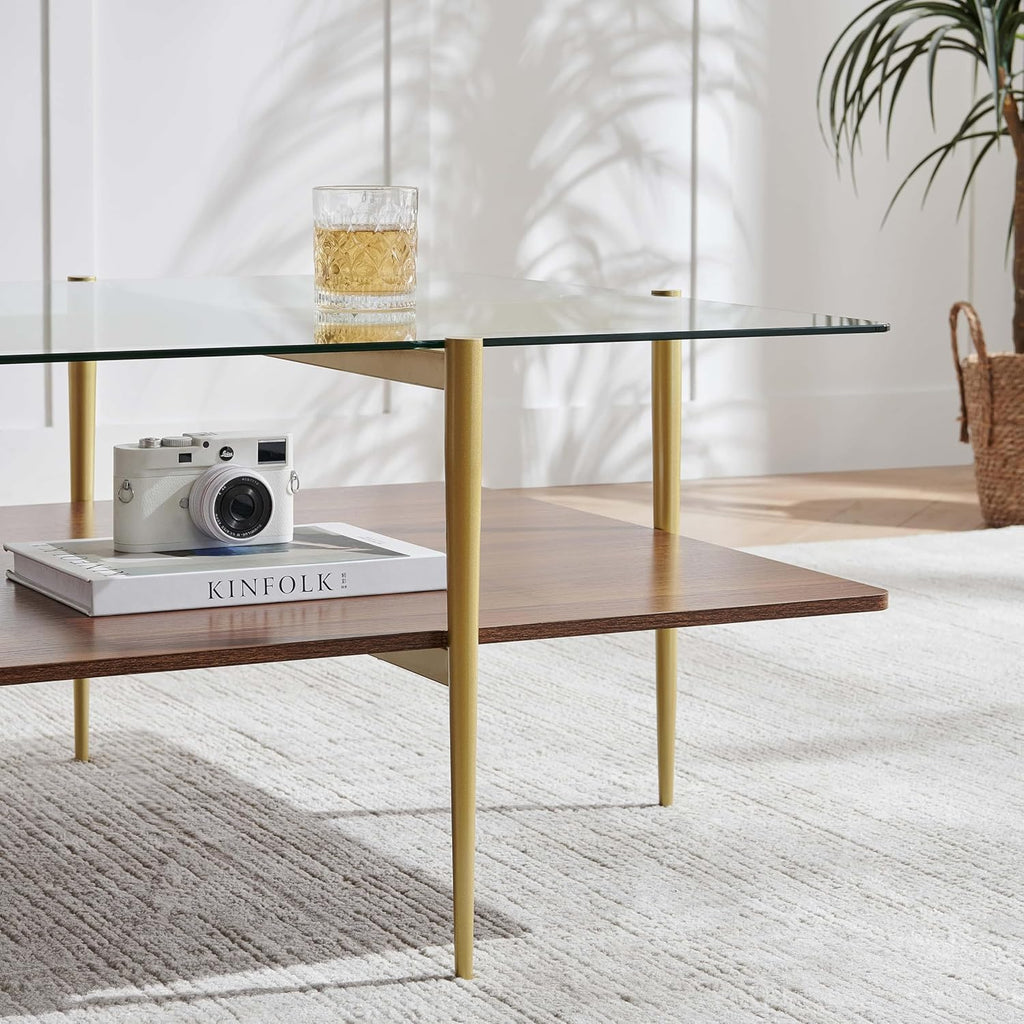 LumFurn X-Large Oval Glass Coffee Table, Mid-Century Modern Design, L47 x W24 x H17 inch, for Living Room, Clear Glass Top and Walnut Finish Wood Shelf, Conical Legs with Gold Finish Frame
