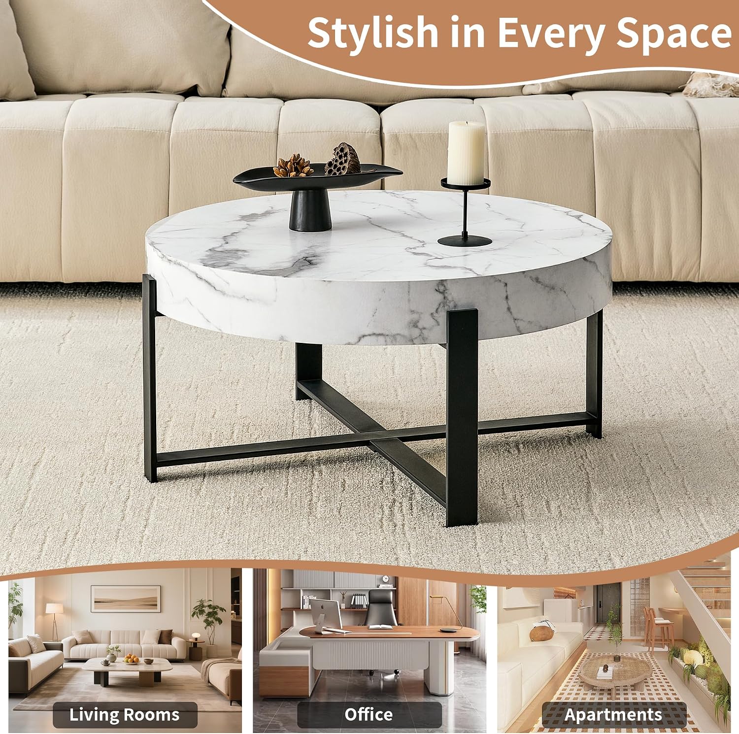 Marble Round Coffee Table Modern Coffee Tables for Living Room Travertine Stone Coffee Table with Storage for Apartment Office Small Space