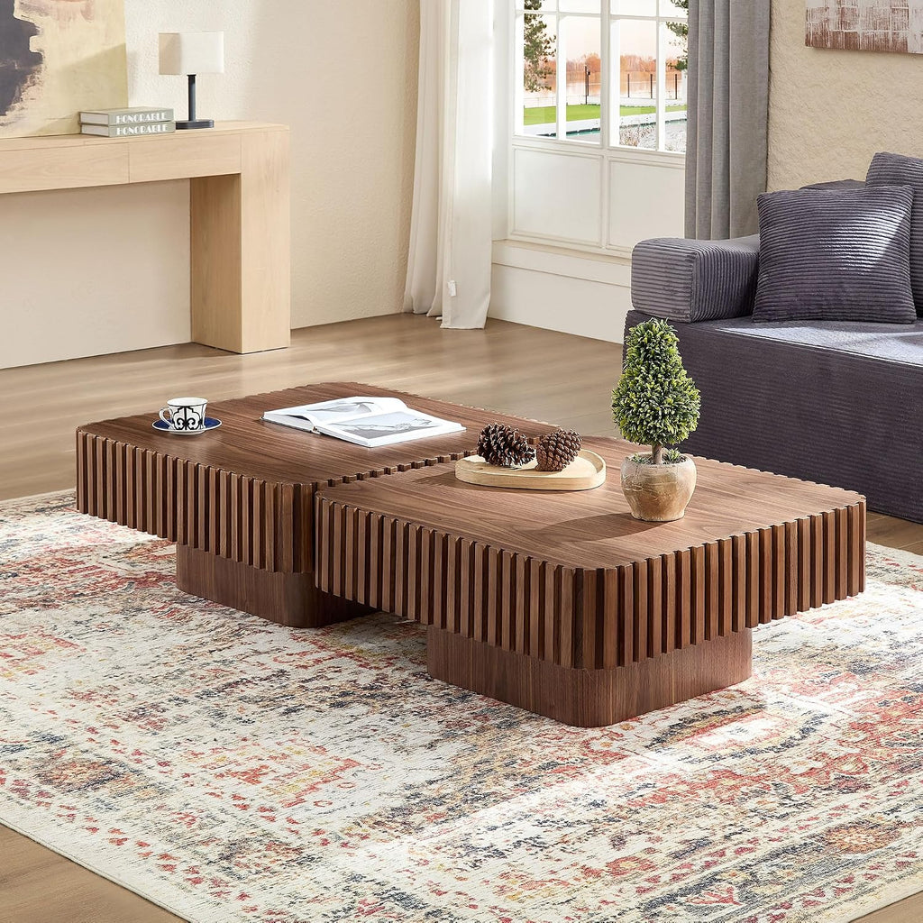 31.49'' Square Coffee Table for Living Room, Modern Wood Drum Pedestal Flute Embossment Coffee Table, Easy Assembly, Walnut