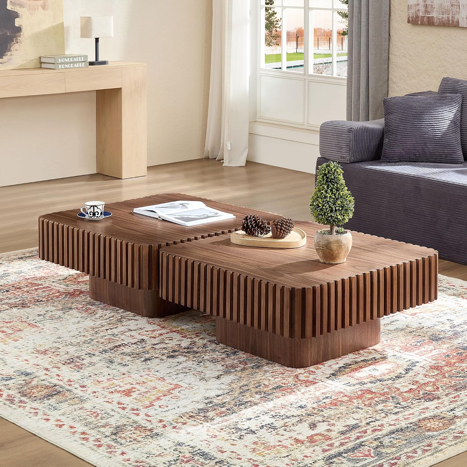 31.49'' Square Coffee Table for Living Room, Modern Wood Drum Pedestal Flute Embossment Coffee Table, Easy Assembly, Walnut