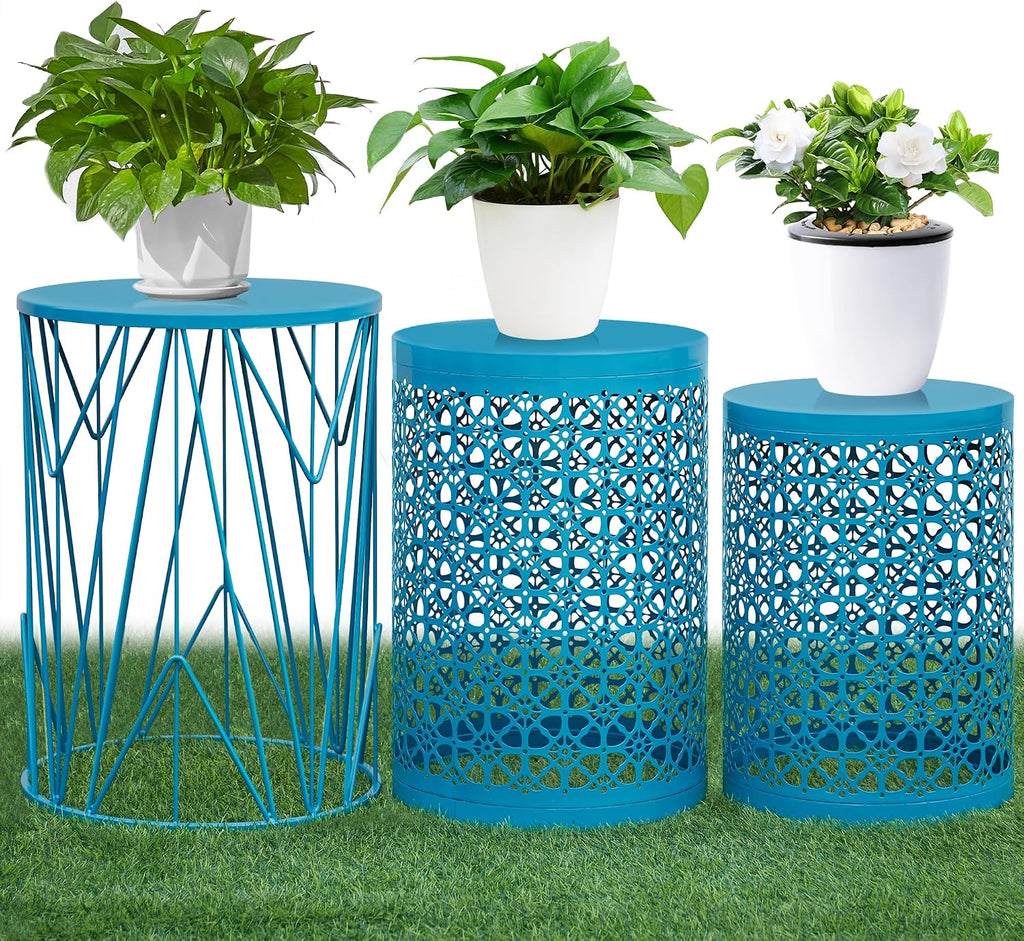 HFHOME Set of 3 Heavy-Duty Round End Table, Side Table, Coffee Table for Indoor Multifunctional Use, Outdoor Decorative Garden Stool Plant Stand-Blue