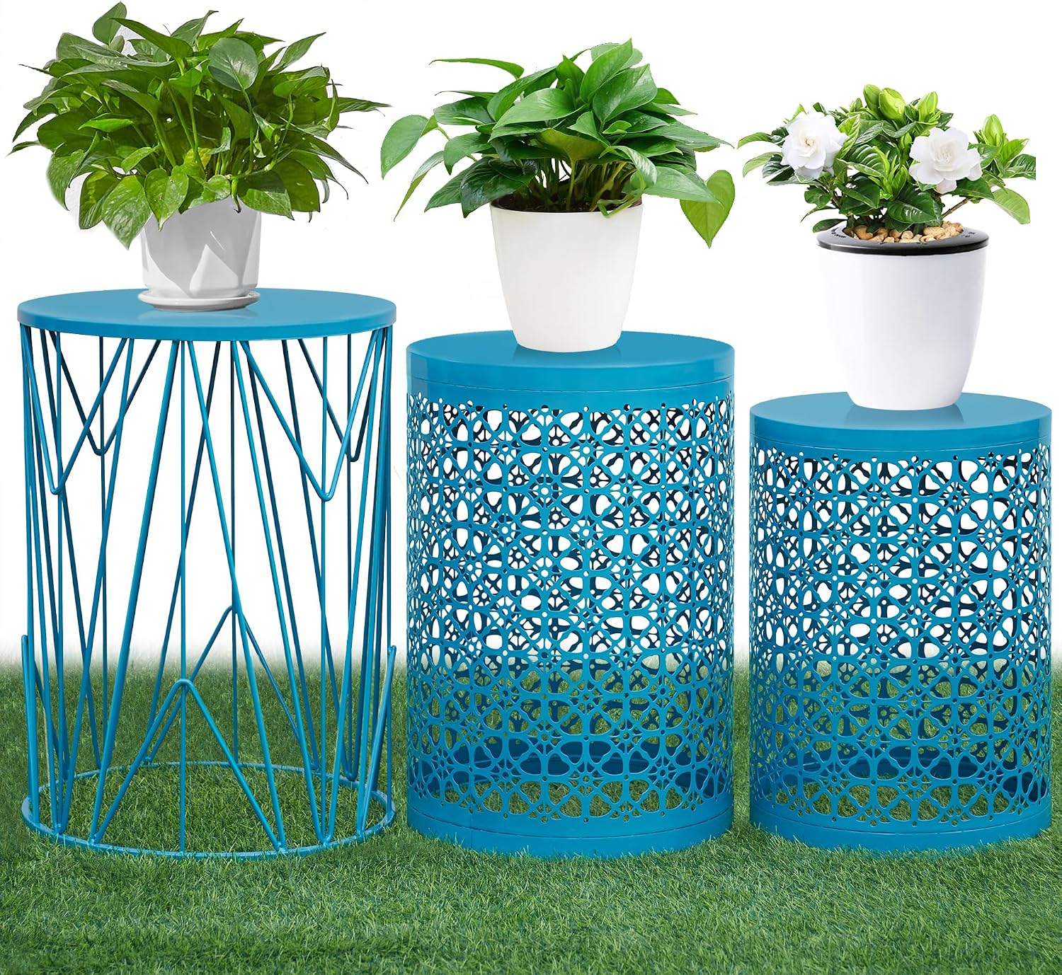 HFHOME Set of 3 Heavy-Duty Round End Table, Side Table, Coffee Table for Indoor Multifunctional Use, Outdoor Decorative Garden Stool Plant Stand-Blue