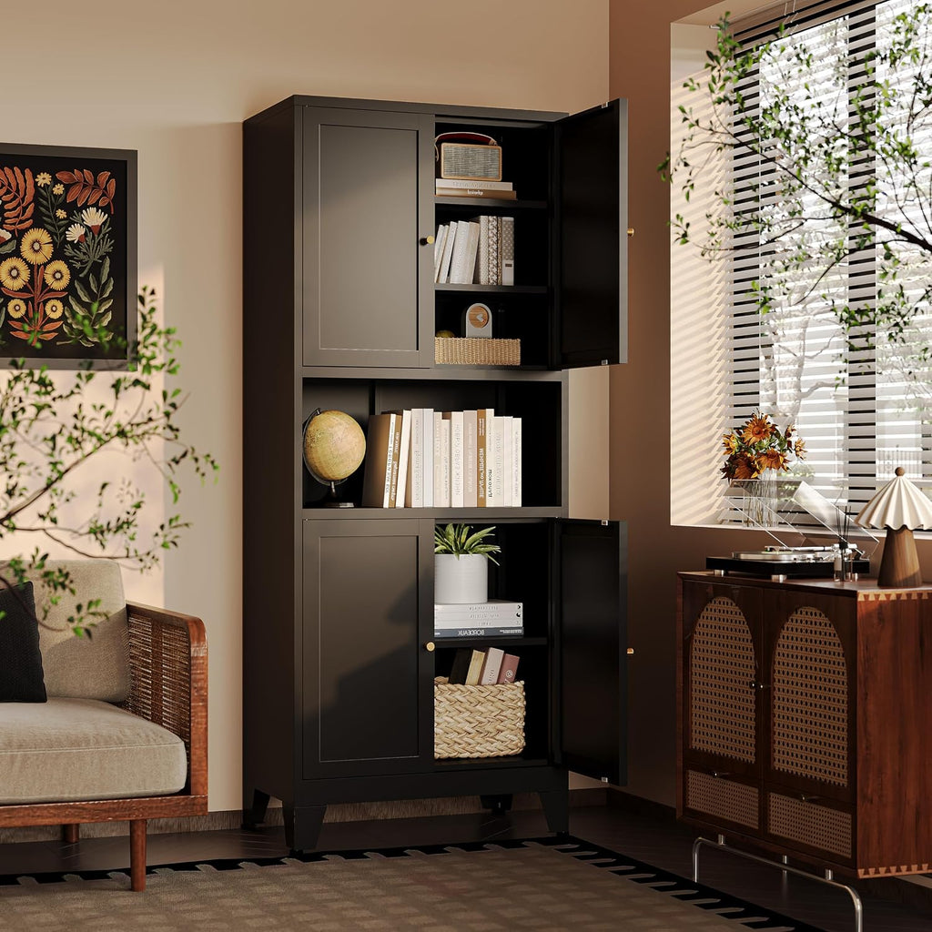 69' H Kitchen Pantry Cabinet with Countertop,Kitchen Hutch Cabinet with Storage,Black Metal Storage Cabinet,Microwave Cabinet,