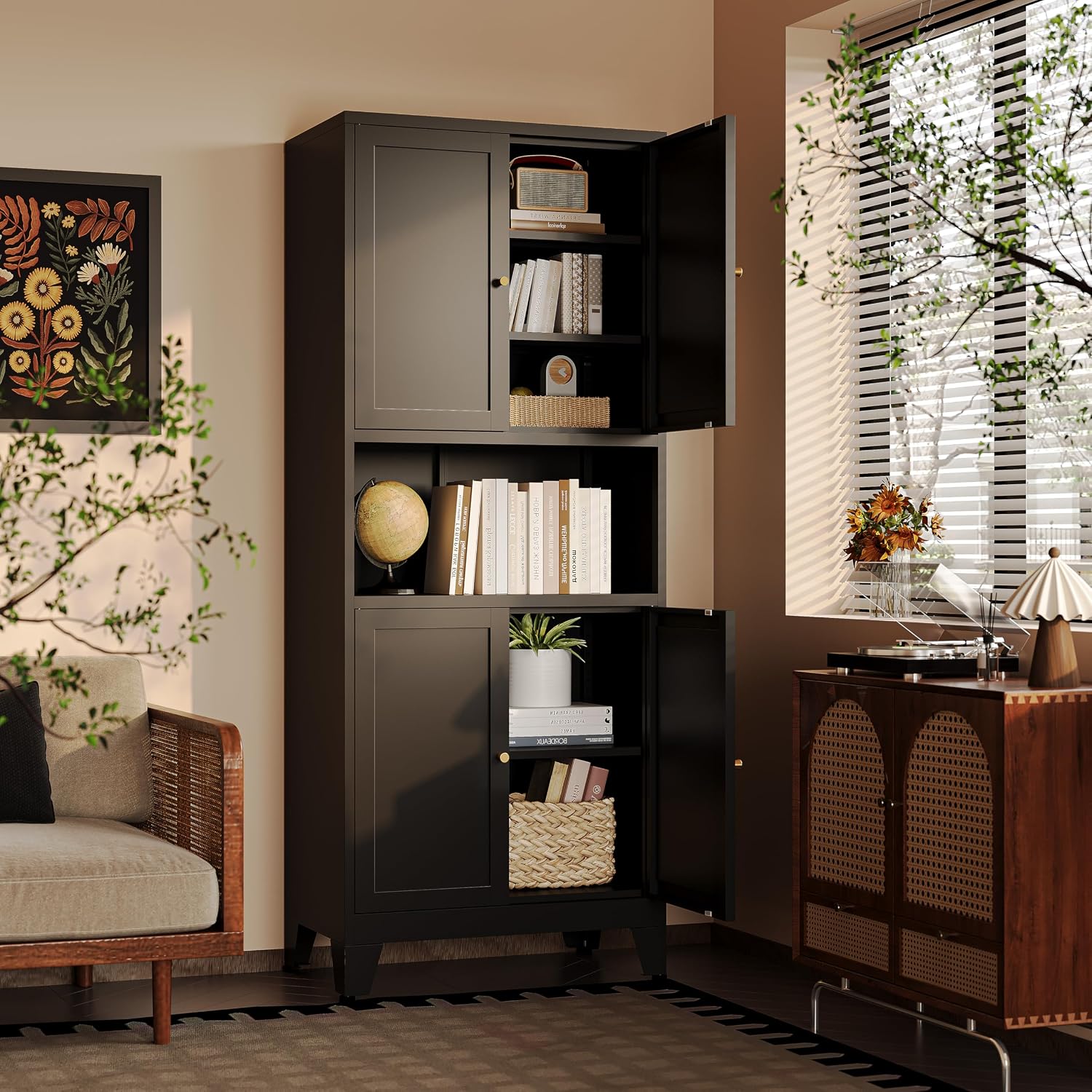 69' H Kitchen Pantry Cabinet with Countertop,Kitchen Hutch Cabinet with Storage,Black Metal Storage Cabinet,Microwave Cabinet,