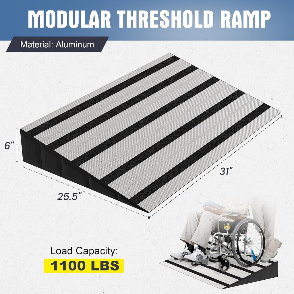 6' Rise Modular Threshold Ramp for Doorways, Stable Wheelchair Ramp for Home Steps, Aluminum Door Ramp and Curb Ramp for Scooters, Power Chairs, Cars, 1100LBS Load Capacity