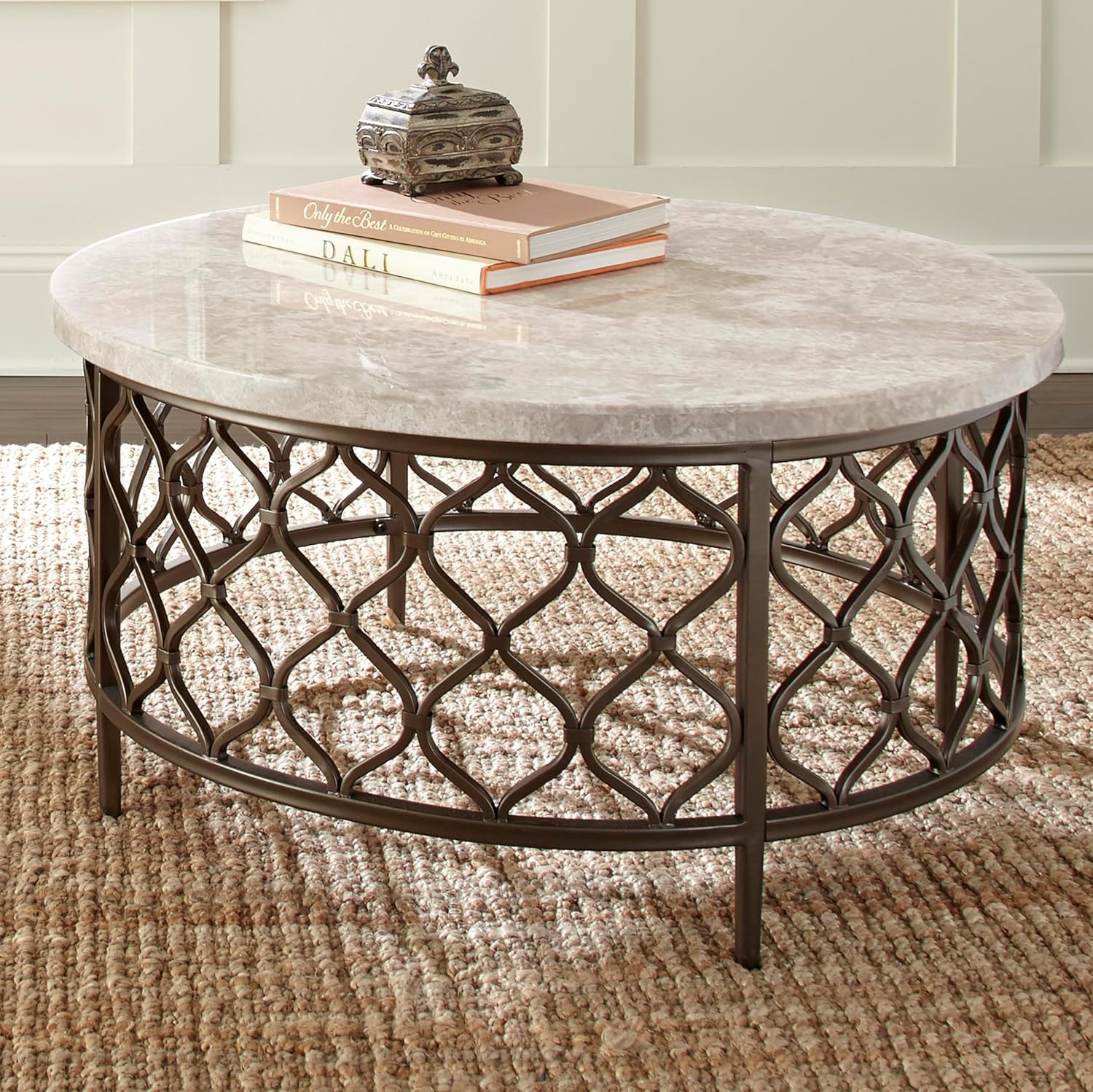 Steve Silver Furniture Roland Round Marble Coffee Table, 36-Inch Round Coffee Table, Bronze Metal Base, Modern Design, Living Room, 36'' L x 36'' W x 18'' H, White