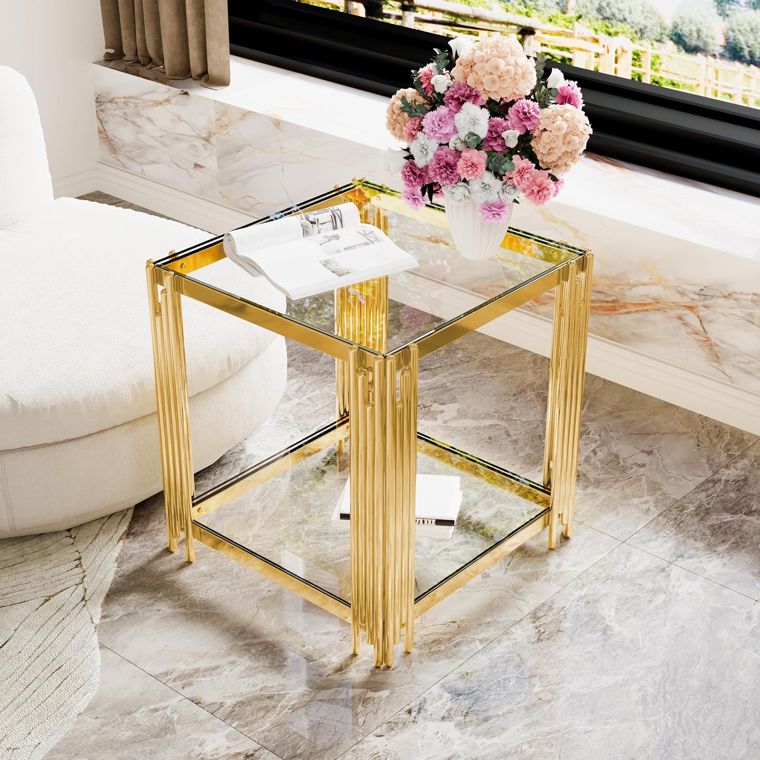 19.9'' Tempered Glass Side Tabel Square End for Living Room, 2-Tier Modern Accent Square Design, Transparent Mirror Tabletop & Metal Drum Base, Easy Assembly, Transparent & Gold