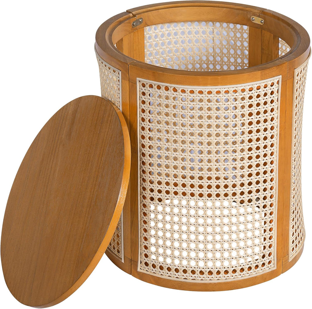 Christopher Knight Home Aurl Lift Top Round End Table with Storage, Modern Side Table with Woven Rattan Details, Wooden Small Coffee Table for Living Room, Round Storage Ottoman, Yellowish-Brown