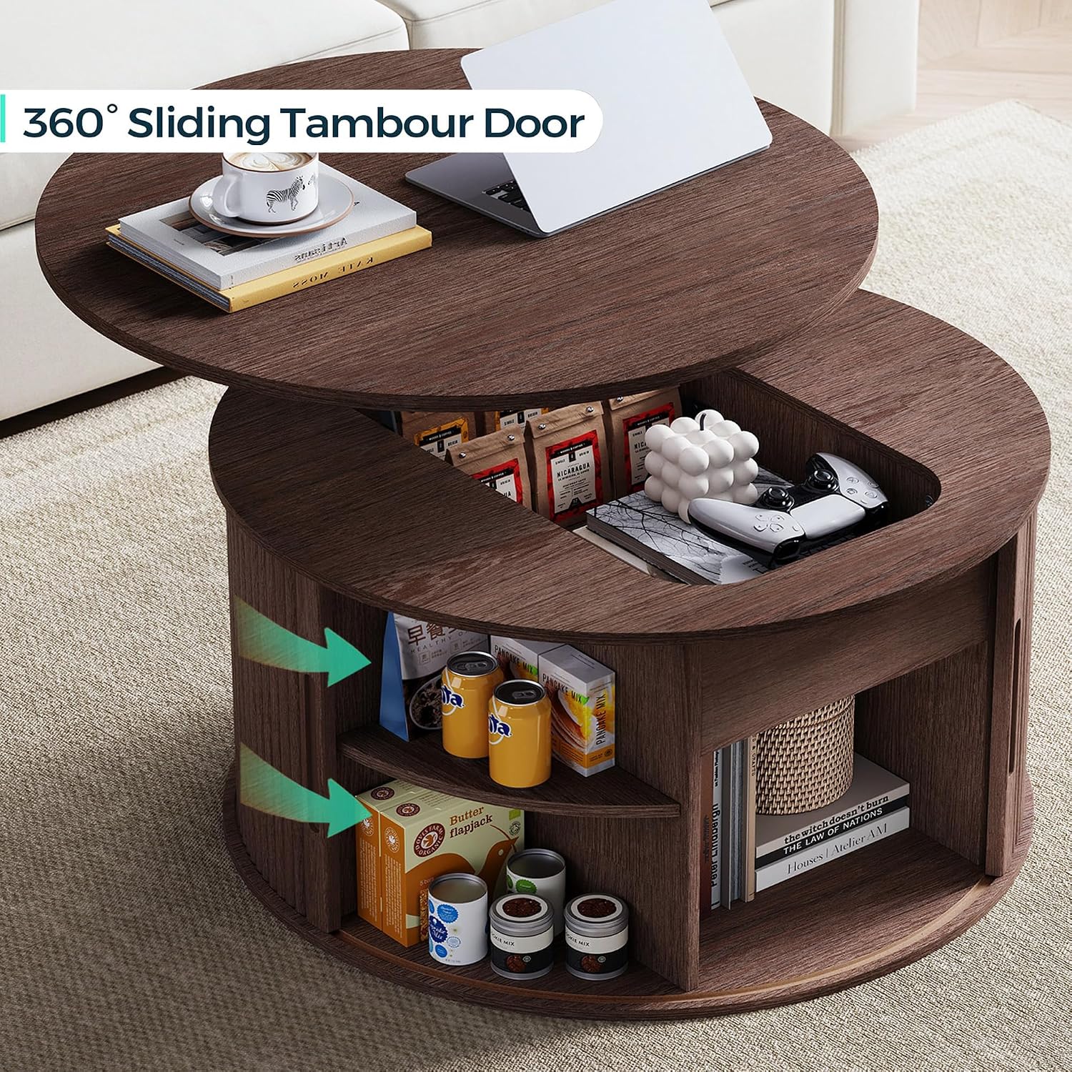 LINSY Lift Top Coffee Table, Round Fluted Coffee Table with Storage, Mid Century Modern Wooden Coffee Tables with Sliding Tambour Door, 31.5' Center Table for Living Room, Office, Small Space, Walnut