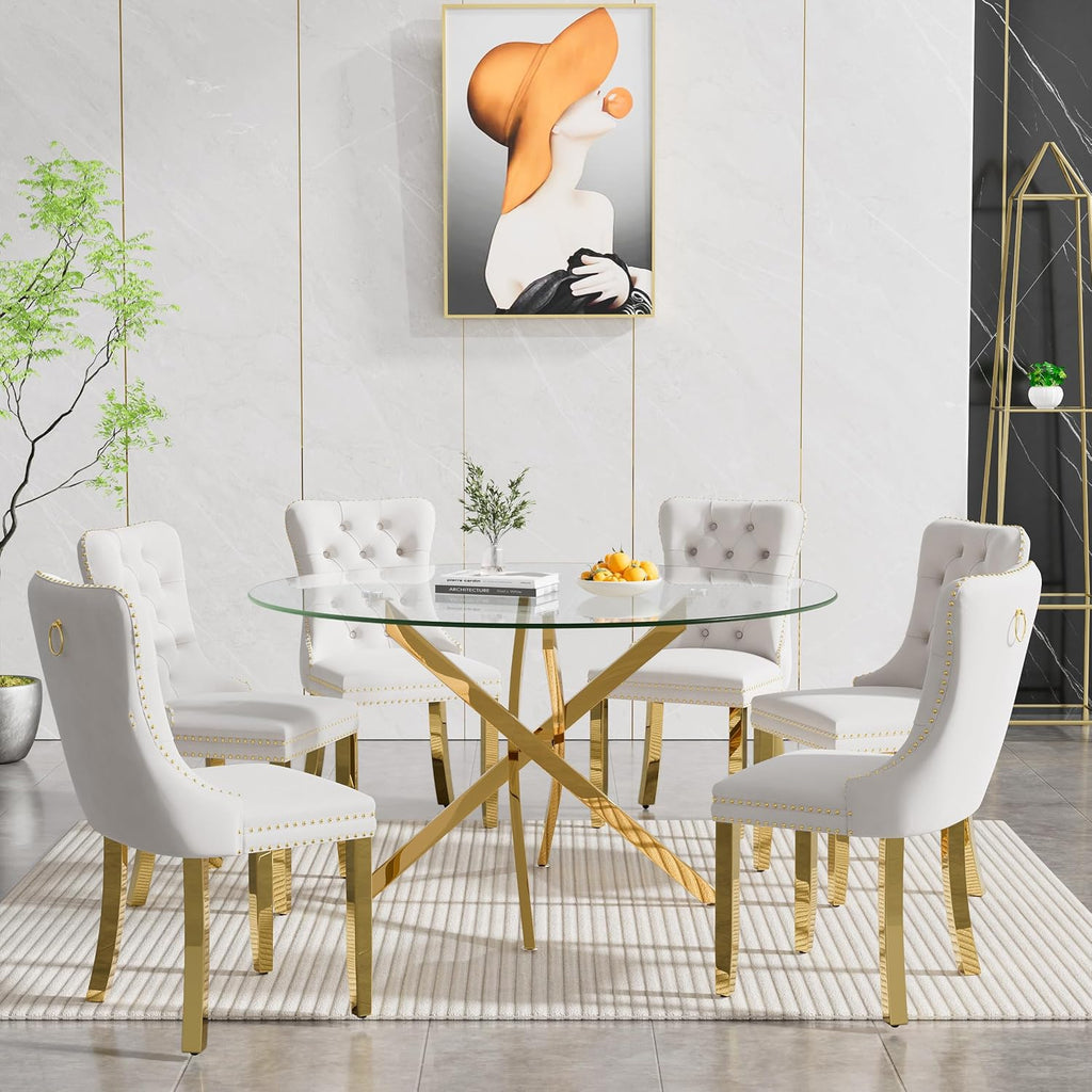 47' Small Dining Table Set of 6, Tempered Glass Round Dining Table and 6 Beige Velvet Dining Chairs, Luxury 7 Piece Circle Kitchen Dining Room Tables Set with Gold Chrome Metal X-Legs