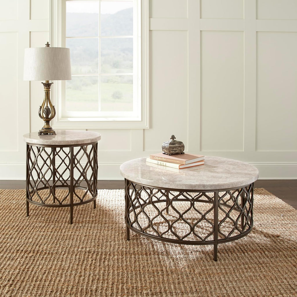 Steve Silver Furniture Roland Round Marble Coffee Table, 36-Inch Round Coffee Table, Bronze Metal Base, Modern Design, Living Room, 36'' L x 36'' W x 18'' H, White