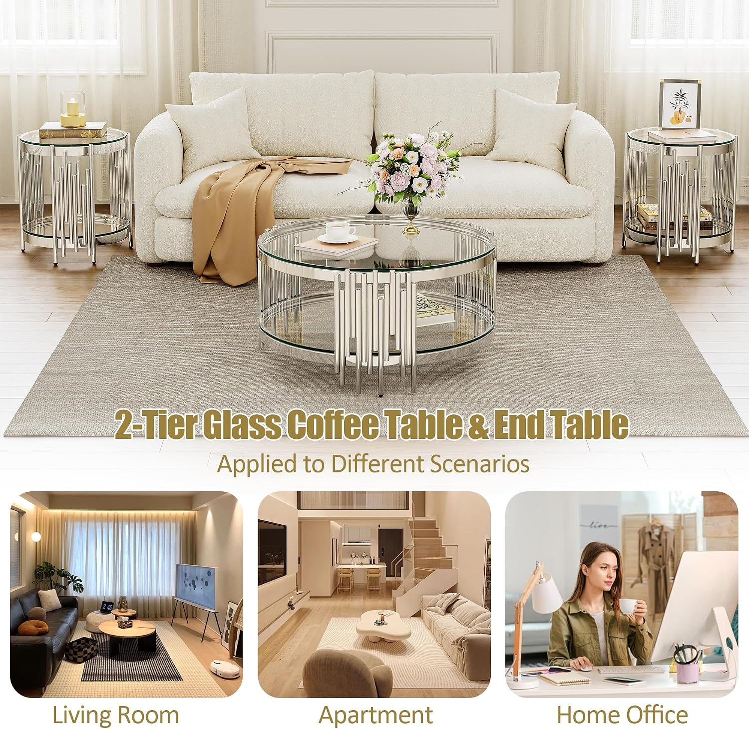 Round Glass Coffee Table Set of 2, 2-Tier Modern Living Room Table and End Table, Clear Tempered Glass Tabletop with Silver Mirrored Stainless Steel Table Base, for Living Room, Office, Bedroom